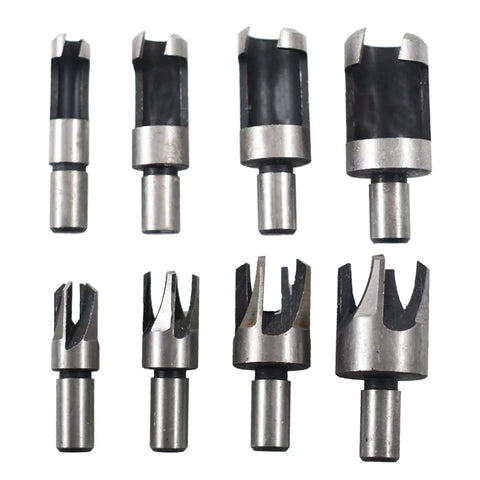 Badass 8 Piece Titanium Coated Wood Plug Cutter Drill Bit Set featuring various sizes and shapes for precise cutting.