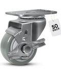Heavy Duty 3 Inch Caster Wheels With Top Lock Brake Industrial Plate Mount 50 Pack close-up of polyurethane tread and brake mechanism.