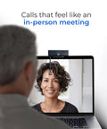 ProMini 4K Eye Contact Webcam mounted on laptop, showing lifelike video call with retractable arm, enhancing virtual meetings.