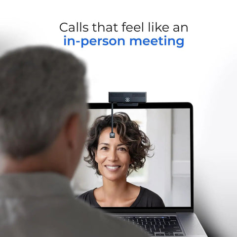 ProMini 4K Eye Contact Webcam mounted on laptop, showing lifelike video call with retractable arm, enhancing virtual meetings.