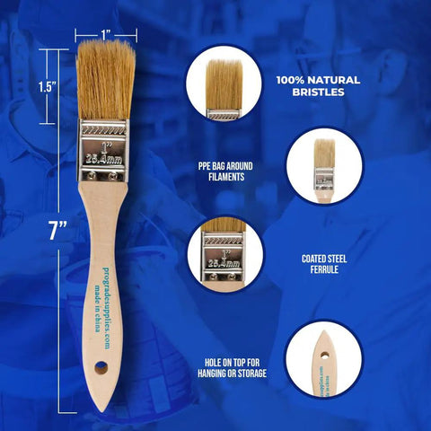 No Hassle One Inch Disposable Chip Brushes With Natural Bristles For Smooth As Butter Paint And Stain Touch Ups In A Twelve Pack: 1" brush with natural bristles and steel ferrule.
