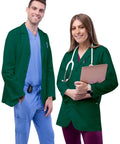Pro Approved Unisex Lab Coat For Healthcare Crew Featuring Stacks Of Storage In Dual Patch Pockets And A Handy Chest Divider Classic Hunter Green worn by professionals.