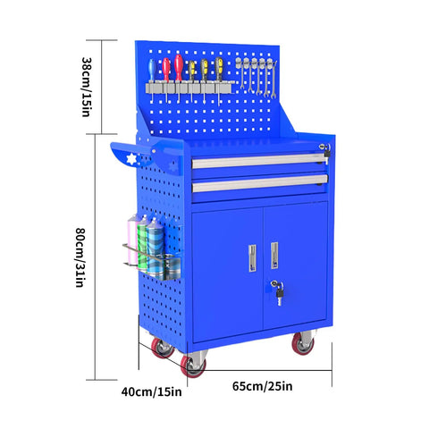 2-Drawer Rolling Tool Chest With Locking Cabinet On Wheels Built Tough For Garage, Workshop, And Warehouse, Big Storage, Backboard For Hanging Tools, Durable Blue, 65x40x85 cm