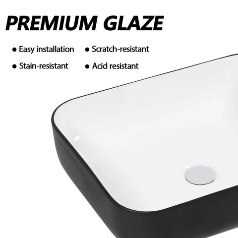 Close-up of Rectangular Vessel Sink Dope Black And White Finish, 20 By 15 Inches, showing easy-to-clean black and white ceramic