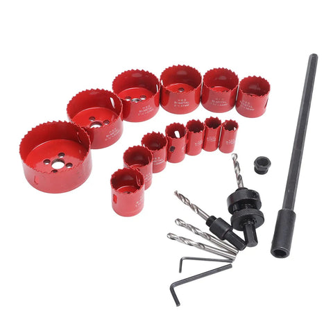 Fafeicy 21 Pc Hss Hole Saw Kit With Fast Cutting Wood Metal Plastic Plasterboard Set Includes Twisting Drill Bit Thread Converter And Hex Wrench, red bimetal saws