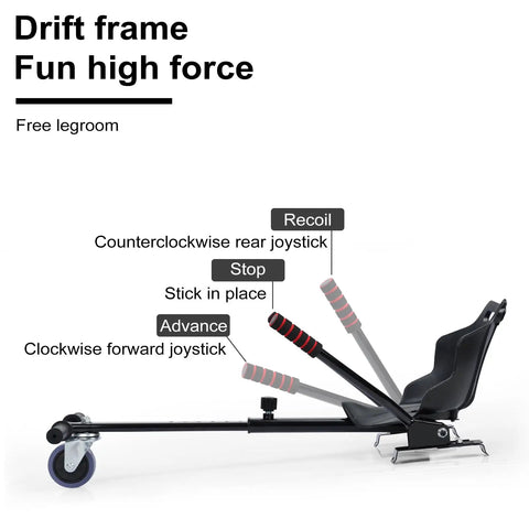 Seat Attachment For Self Balancing Scooters Go Kart Conversion Kit For Kids And Adults Safe And Stable Accessory Fits 6.5, 8 And 10 Inch Models Ideal Gift Black, side view showing joystick and frame.