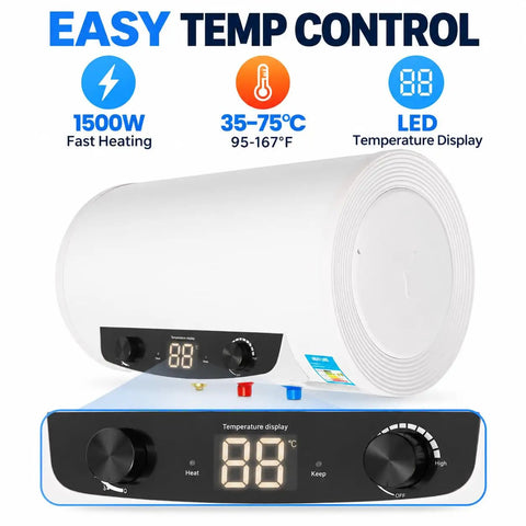 This Electric Water Heater Wall Mount Tank Is A Total Beast With 1500W Fast Heat Element And Bombproof Stainless Steel Plus Thick Enamel Liner Gets You Hot Water In A Jiffy For The Home Vibe At 110V. Temperature control panel and LED display.