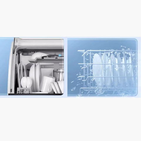 Interior view of Compact Countertop Dishwasher Fully Automatic Mini Kitchen Game Changer showing clean dishes in rack.