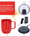 Grab This Solid Self Heating Coffee Mug To Keep Your Morning Sips Piping Hot With Smart Temperature Controls And A Ridiculously Long Battery Built From Premium Stainless Steel For Office Or Travel Cherry Red with lid, charger and base.