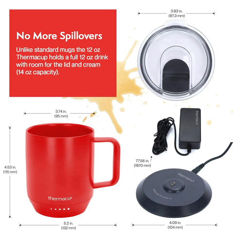 Grab This Solid Self Heating Coffee Mug To Keep Your Morning Sips Piping Hot With Smart Temperature Controls And A Ridiculously Long Battery Built From Premium Stainless Steel For Office Or Travel Cherry Red with lid, charger and base.