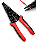 8 Inch Wire Stripper And Crimping Pliers Multi Function Tool For Cutting Stripping Crimping And Looping 10 To 22 AWG Copper Or Aluminum Wire With Durable High Carbon Steel And Ergonomic Non Slip Rubber Handle, close view showing function labels on red handles.