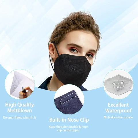 Model wearing black 60 Pack KN95 Masks With 5 Layer Filtration Cup Design And Adjustable Nose Clip And Ear Loops for adults