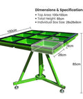 Top Shelf 360 Degree Spin Workbench Galvanized Steel Industrial Assembly Table With Smooth Swivel Base And Tough PVC Shield For Shop Floor Or Packing Bay Five Piece Heavy Duty Rig with dimensions and specifications.