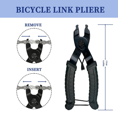 Bike Chain Repair Tools Set With Chain Breaker Tool, Master Link Pliers, Wear Indicator, And 3 Pairs Missing Links For 6 To 10 Speed Chains shown with measurement