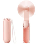Portable Mini Handheld Fan With USB Rechargeable Power Bank And Built In LED Flashlight Foldable Pocket Cooling Fan, pink open and closed view