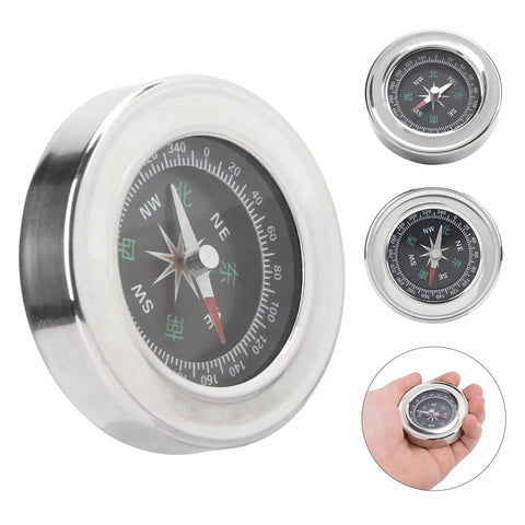Mini Stainless Steel Compass For Camping And Hiking, showing silver finish and pocket size in hand, Portable Survival Navigation Tool
