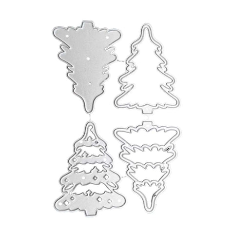 4 Piece Christmas Tree Metal Die Cutting Set For Scrapbooking And Card Making, Silver Carbon Steel Stencil Dies Displayed