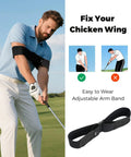 Golfer using Adjustable Golf Swing Trainer Arm Band For All Skill Levels Keeps Arms Connected And Fixes Chicken Wing Improves Swing Mechanics