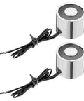 Two-pack Round Solenoid Electromagnet 24V DC 80N Electric Lifting Magnet For Automation Equipment showing 25mm diameter and 24cm lead wire.