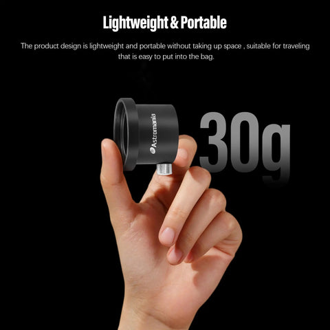 Hand holding M42x0.75 Female To 1.25 Inch Adapter With T-2 Threads, demonstrating lightweight 30g for astrophoto gear