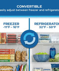 21 Cu Ft Frost Free Convertible Upright Freezer With Turbo Freeze And MaxxSpace Insulation Garage Ready Energy Star showing freezer and refrigerator settings.