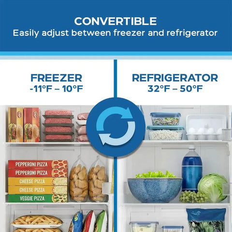 21 Cu Ft Frost Free Convertible Upright Freezer With Turbo Freeze And MaxxSpace Insulation Garage Ready Energy Star showing freezer and refrigerator settings.