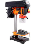 8 Inch Benchtop Drill Press With Laser Guide 770-3410 RPM Heavy Duty Metal Worktable showing tilt mechanism and workbench details.