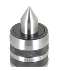Front view of MT4 live center with 60-degree point; knurled metal lathe tailstock center