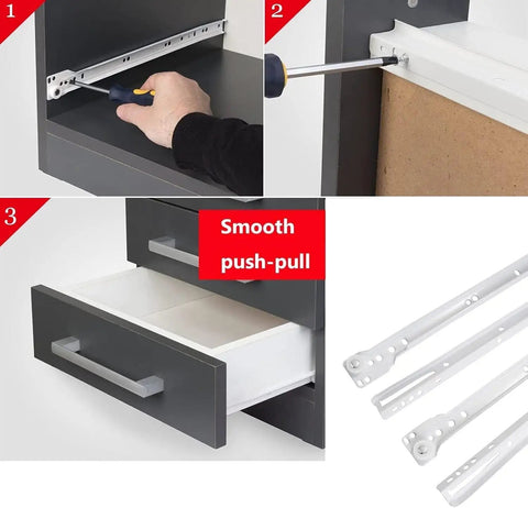 Heavy Duty Metal Drawer Slides 450mm Pack of Four White Roller Rails installed with smooth pull-out drawer in kitchen.