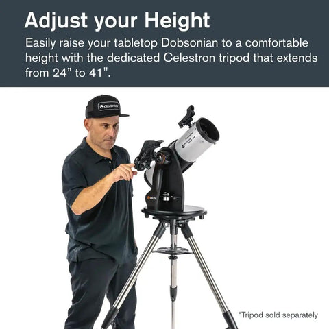 Man adjusting StarSense Explorer 114AZ App Enabled Telescope for Beginners on a tripod, demonstrating setup height flexibility.