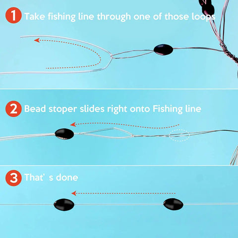 Step-by-step guide of installing Rubber Bobber Stopper Set For Texas Rig And Flipping, Sinker Pegs And Black Oval Beads