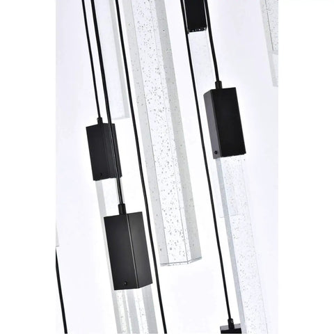 Close-up view of the modern 16 light ceiling pendant with heavy duty black metal frame and crisp crystal drops.