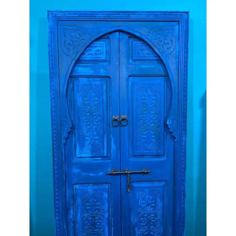 Blue Finish Hand Carved Barn Door with Custom Size Options, Double or Single Panel, Sliding or Hinged, Suitable for Interior or Exterior Use