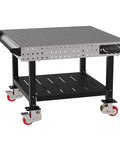 Heavy Duty Welding Fixture Table 48 By 48 By 36 Inches Shop Ready Metalworking Workbench with precision laser cut holes and casters.
