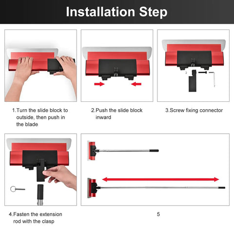 Installation steps for Drywall Skimming Blade Set With Extension Handle For 12, 22, And 32 Inch Blades, Rustproof Red Build.