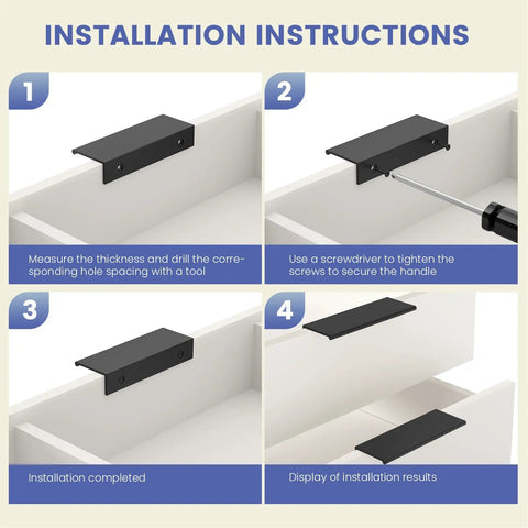 Installation guide for 5 Inch Black Kitchen Cabinet Handles 10 Pack Modern Aluminum Alloy Finger Pulls showing step-by-step process.
