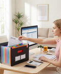 Person using Accordion File Organizer With 13 Pockets Expanding File Folder Portable Monthly Bill Receipt Organizer on desk