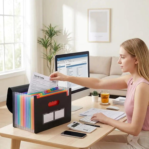 Person using Accordion File Organizer With 13 Pockets Expanding File Folder Portable Monthly Bill Receipt Organizer on desk