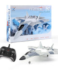 2.4G RC Glider Plane With Self Stabilization For Easy Flying Lightweight EPP Foam Fighter Aircraft For Beginners Durable Fixed Wing Hand Throwing RC Plane Ready To Fly And Learn, shown with controller and packaging.