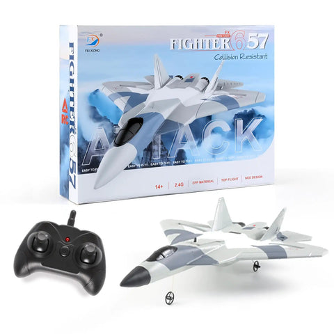 2.4G RC Glider Plane With Self Stabilization For Easy Flying Lightweight EPP Foam Fighter Aircraft For Beginners Durable Fixed Wing Hand Throwing RC Plane Ready To Fly And Learn, shown with controller and packaging.