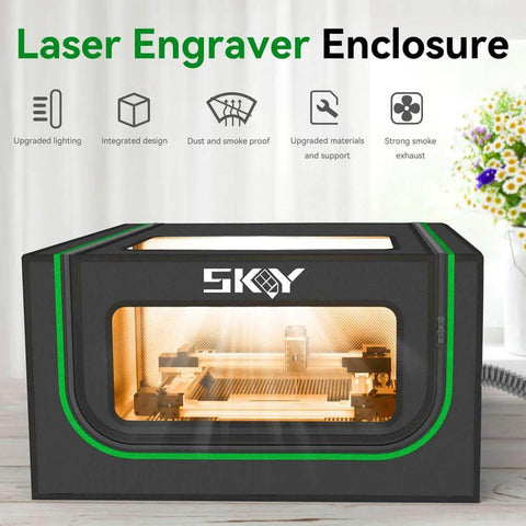 SKOY laser engraver enclosure with LED light; black housing with green trim and front window, front view