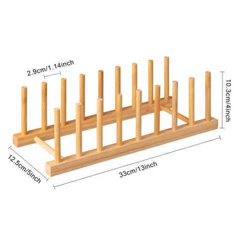 Top Shelf Bamboo Dish Drying Rack Stand Multi Purpose Plate Drainer For Kitchen Counter with eight slots, 13 inches long.