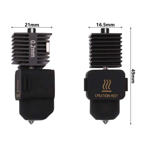 Hotend Upgrade Kit For A1 Mini And A1 3D Printers With 0.2mm Hardened Steel Nozzle, silicone socks, front and side view, dimensions shown.