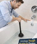 Heavy Duty Accordion Plunger That Nukes Stubborn Blockages Fast In Toilets Sinks Tubs And Showers With A Rock Solid Airtight Seal For Quick Drain Clearing Zero Mess Included Matte Black in action unclogging bathtub drains.