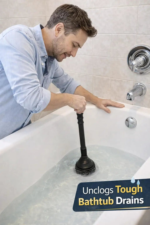 Heavy Duty Accordion Plunger That Nukes Stubborn Blockages Fast In Toilets Sinks Tubs And Showers With A Rock Solid Airtight Seal For Quick Drain Clearing Zero Mess Included Matte Black in action unclogging bathtub drains.
