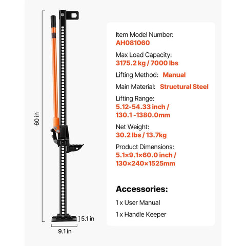 Side view of VEVOR 60-inch manual ratcheting farm jack with orange handle and black structural steel frame.