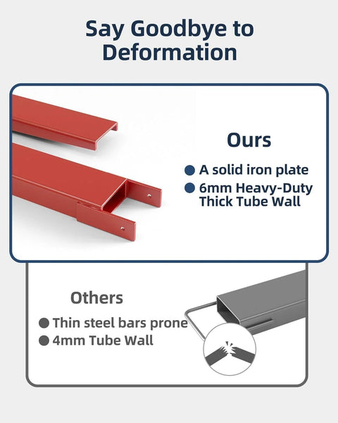 Red 96-inch forklift pallet extensions, pair, solid iron plate and 6mm thick tube walls