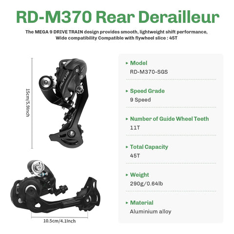 9 Speed Rear Derailleur Direct Mount For Mountain And Road Bikes With Mega 9 Drive Train and 11T Pulleys, 45T Capacity, RD-M370 Model