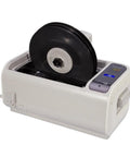 Score Crystal Clear Sound Back With This Digital Pro Vinyl Record Cleaner Smooth Flip Action Effortlessly Wipes Dust Off All Classic LPs, showing stainless steel cleaner with vinyl record.