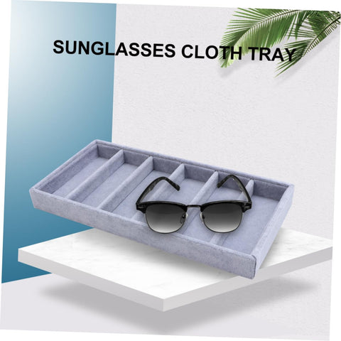 Keep Your Shades Locked And Loaded In This Slick Six Slot Sunglasses Tray And Jewelry Display Holder Crafted From Premium Soft Fabric For Zero Stress Eyewear Organization, grey soft fabric tray with six slots.